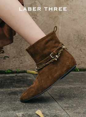 LABERTHREE 25秋冬新品都市酷感编织绳靴金属扣时尚街头平底短靴