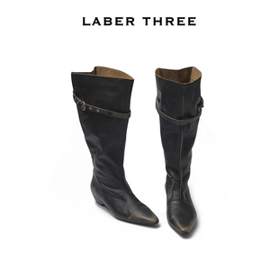 LABERTHREE秋冬新品都市游牧绕带长靴尖头低跟拉链百搭欧美真皮靴