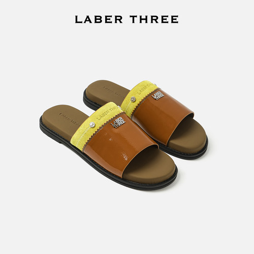 LABER THREE 吴昕同款新款miu系复古几何分割拼色拖鞋方跟一字拖