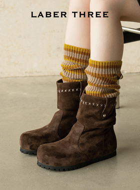 LABERTHREE 25秋冬新品奢感美学缝线堆堆靴女大头时髦内增高短靴
