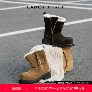 厚底短靴 休闲女款 LABERTHREE秋冬新品 米奇大头前倒毛毛靴保暖时尚