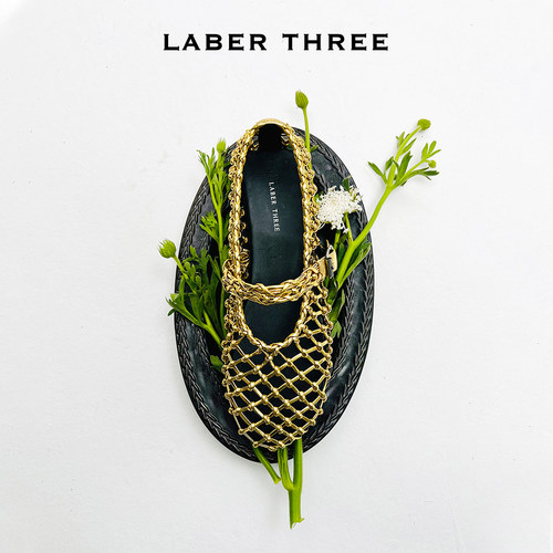LABER THREE 镂空艺术编织优雅时尚一字带低跟圆头玛丽珍浅口单鞋