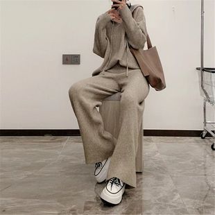 针织新款 毛衣女时尚 连帽欧货套装 宽松两件套女2023休闲秋冬阔腿裤