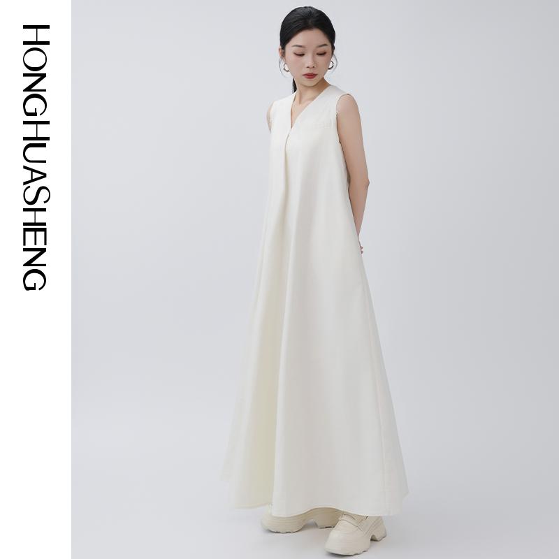 HONGHUASHENG休闲版型气质V领A字白色无袖连衣裙长款简约女士夏季