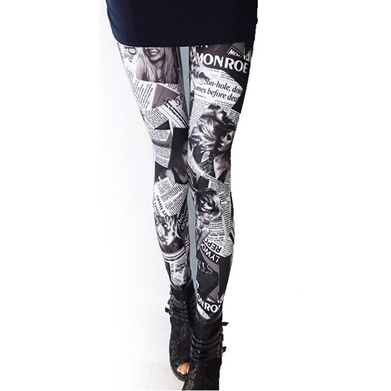 时尚英文报纸印花打底裤女修身显瘦舒适薄款牛奶丝春季九分裤
