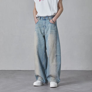 男高街小众设计感破洞做旧渐变宽松阔腿裤 HEBBLES美式 复古牛仔裤