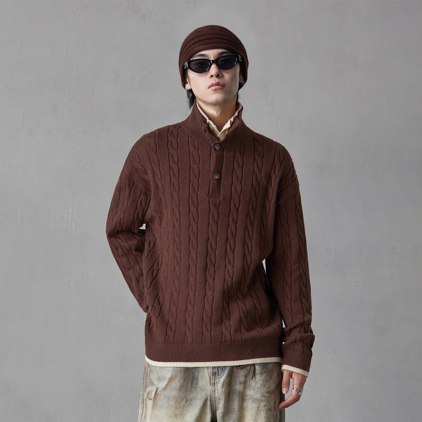 hebbles立领绵羊毛毛衣男羊毛衫时尚针织衫上衣麻花半高领慵懒风