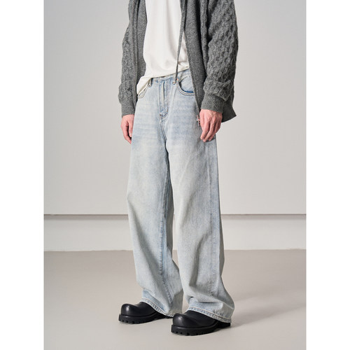 水洗做旧蓝白美式阔腿牛仔裤