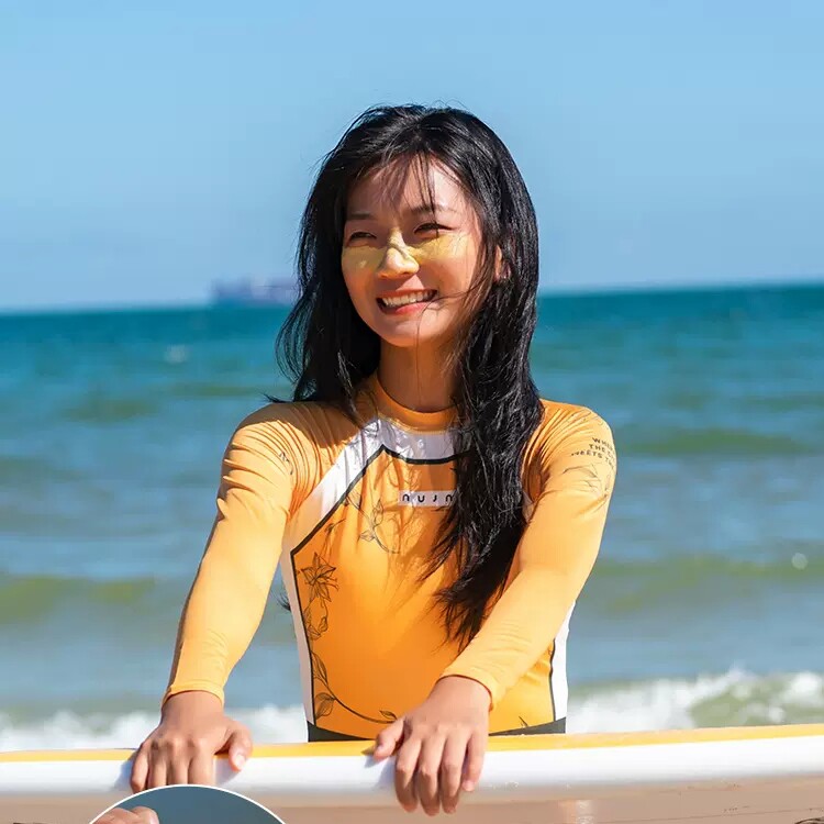 Nu-June 防晒长袖连体三角泳衣拉链女士显瘦带胸垫游泳潜水冲浪服