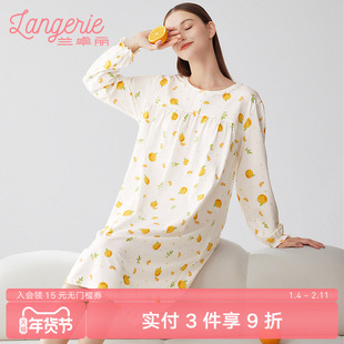 兰卓丽睡裙女长袖宽松家居服舒适柔软有弹性印花睡衣可外穿秋季款