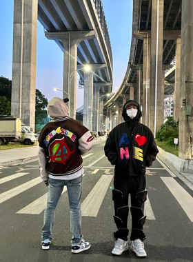 AONE4SURE 刺绣爱心LOGO加厚秋冬潮流休闲黑色夹克外套棒球服棉衣