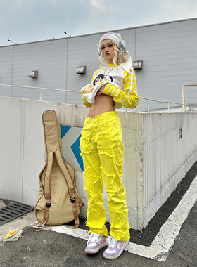 AONE4SURE 黄色五角星刺绣贴布直筒宽松阔腿Y2K春秋炸街牛仔长裤