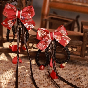 女童红色古装发饰2025新款秋冬汉服蝴蝶结头饰幼儿国风发卡新中式