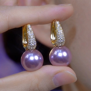 高贵紫色仿珍珠耳扣小巧精致新款显白耳饰优雅妈妈名媛气质耳环女