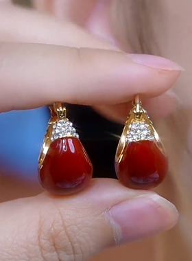 2024高档耳环喜庆红色滴釉复古摇篮耳扣港风高级感显白秋冬气质女