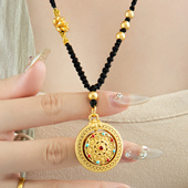 古风罗盘镂空五福圆满毛衣链高档可调节优雅古典福禄黑绳沙金项链