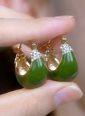新中式耳饰绿色滴釉高级感显白耳扣微镶钻爆款时尚提篮复古耳饰