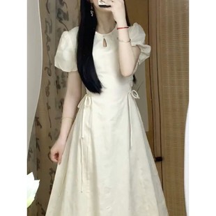 初戀桔梗裙女學(xué)生學(xué)院風(fēng)百搭中長(zhǎng)款 夏季 法式 泡泡袖 新款 過(guò)膝連衣裙