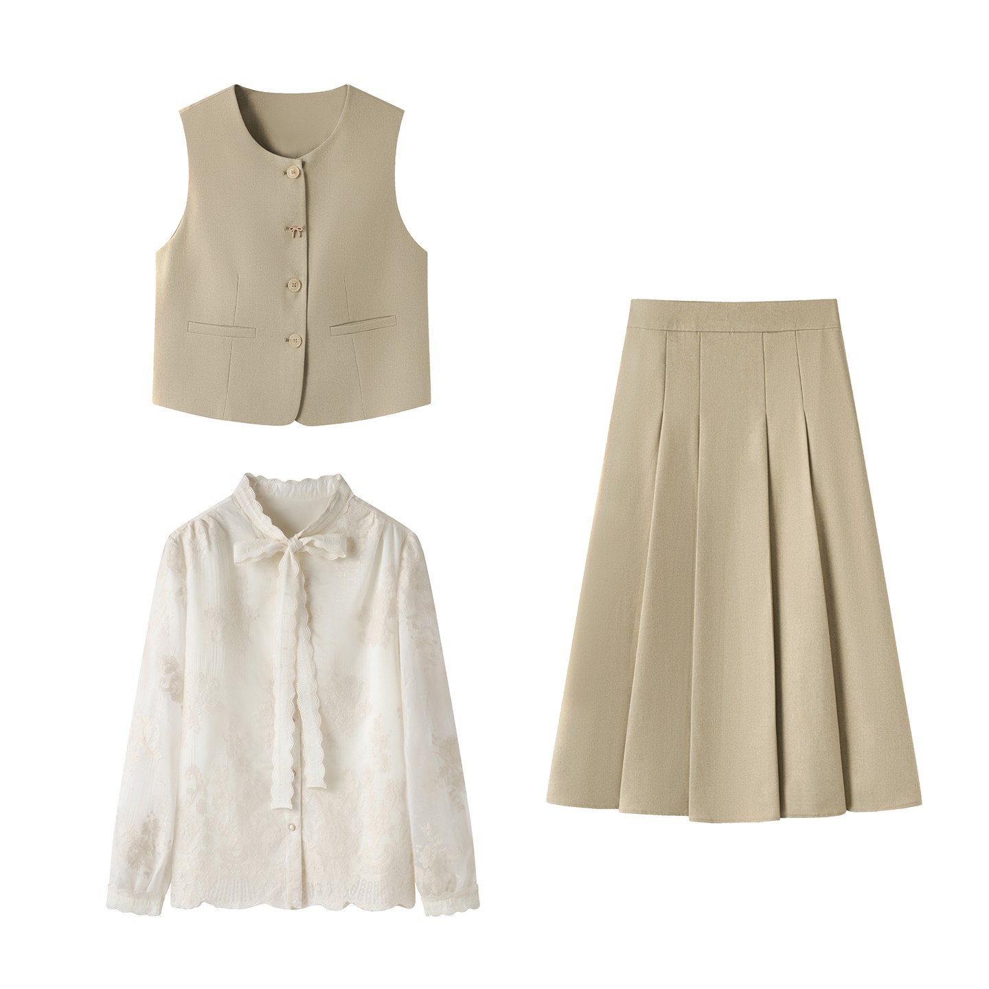 蝴蝶结飘带衬衫+西装坎肩马甲+高腰百褶西装半身裙套装C85A278