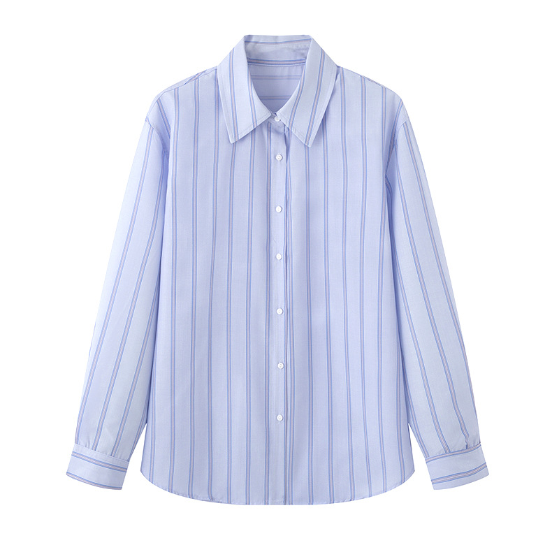 2025秋季新品时尚百搭蓝色条纹长袖棉质衬衫女5G8222801
