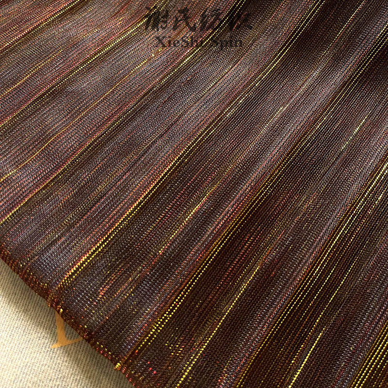 百褶夏季欧美风金咖色电光网纱