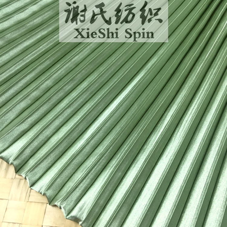 夏季风琴折芥末绿压皱亮色缎面百褶布料长裙面料布料服装面料高档
