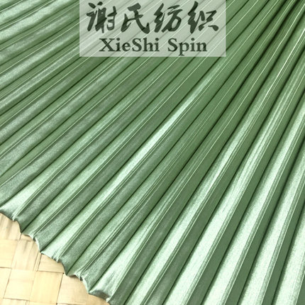 夏季风琴折芥末绿压皱亮色缎面百褶布料长裙面料布料服装面料高档