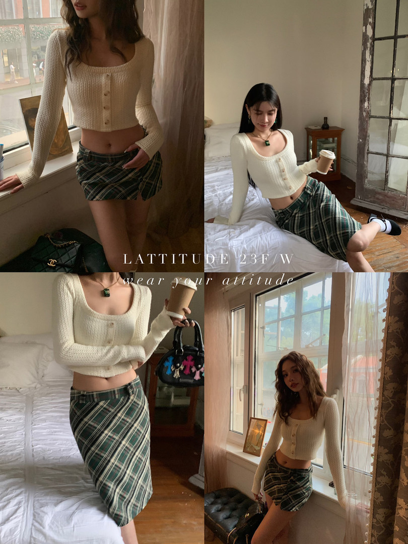 Fashion collage showing a woman modeling a cream knit crop top and green plaid mini skirt