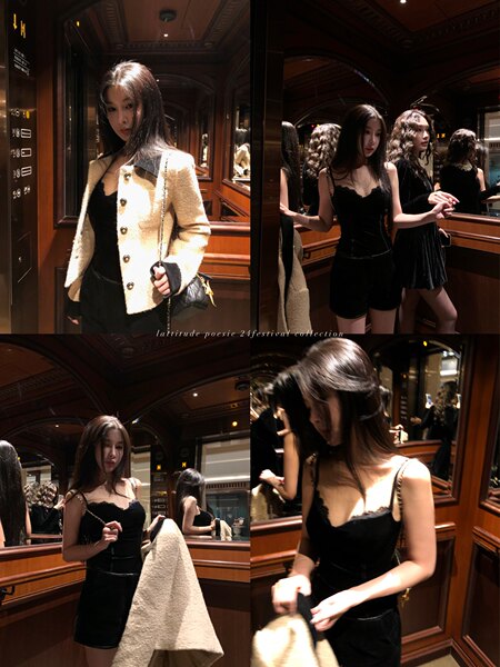Models wearing a black dress and cream textured jacket in an elevator mirror collage