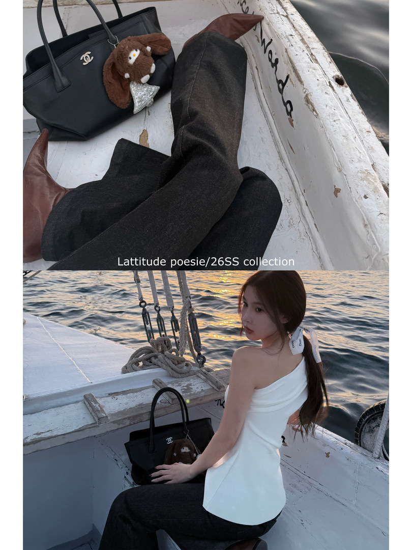 Fashion collage showing a black handbag and a woman wearing a white one-shoulder outfit on a boat at sunset