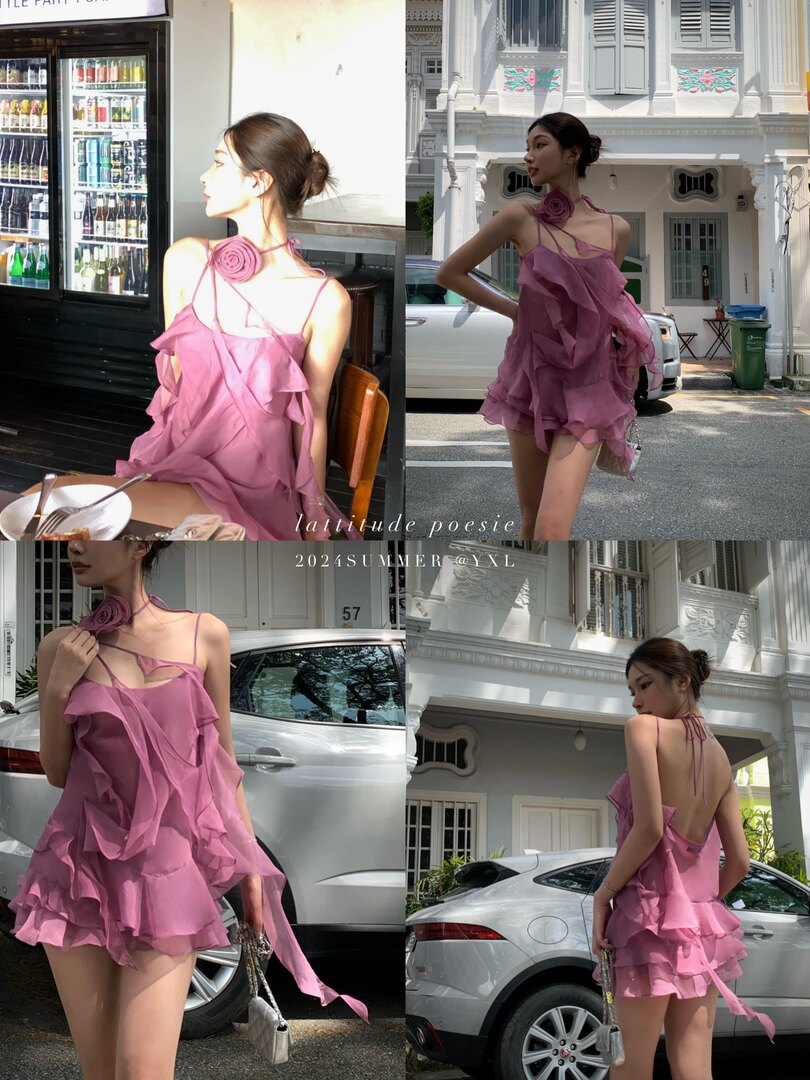 Model wearing a pink ruffled mini dress in outdoor street photos