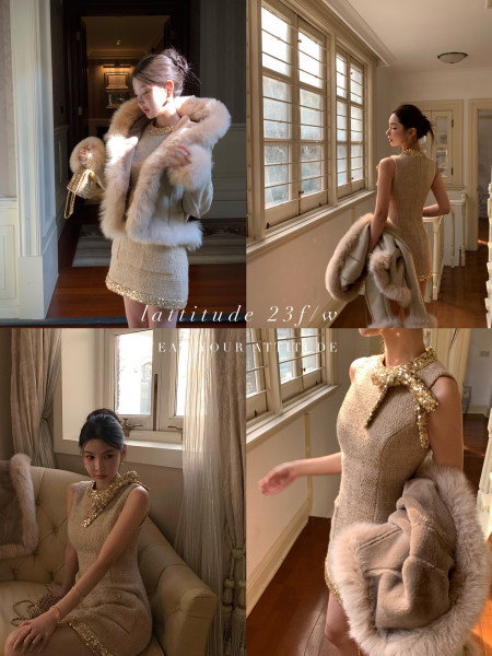 Model wearing a beige embellished dress with a fur-trimmed coat in a luxury fashion collage
