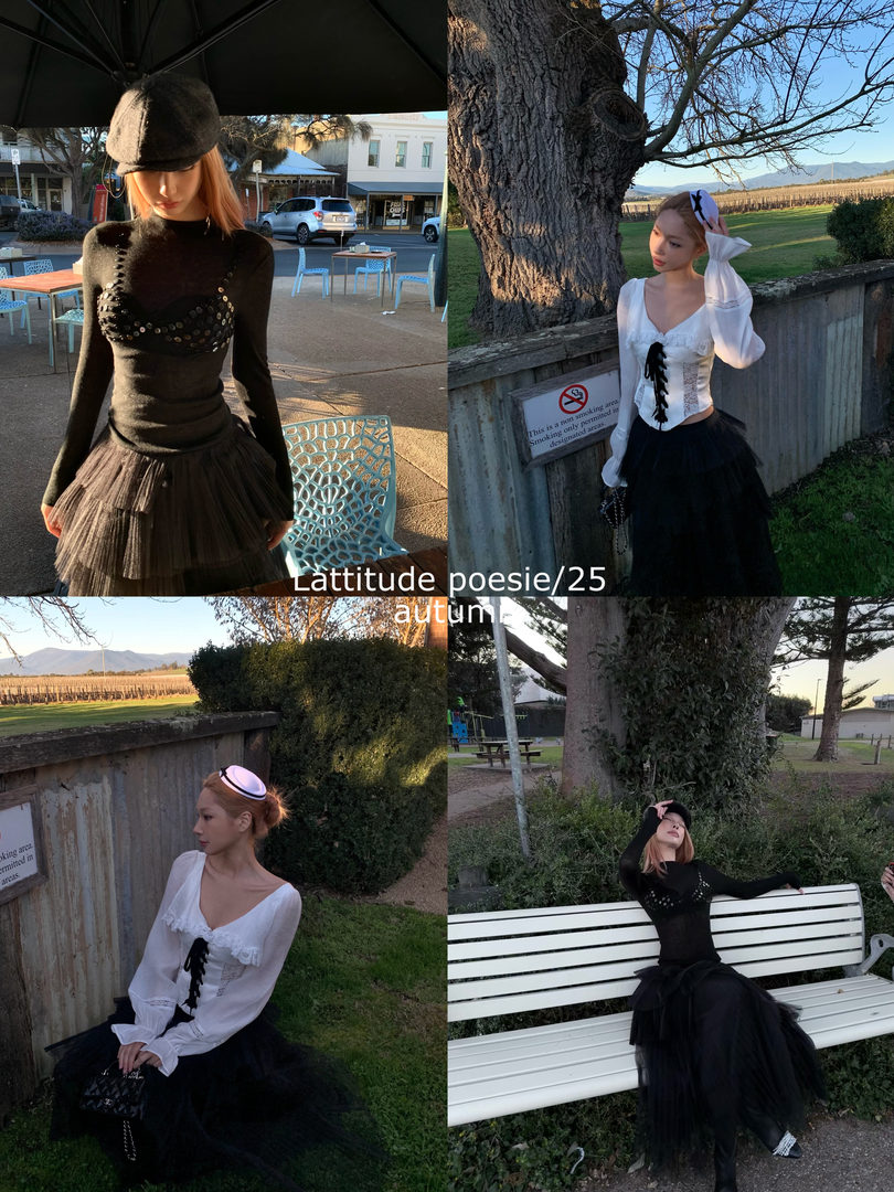 Collage of models wearing black and white gothic-inspired outfits outdoors