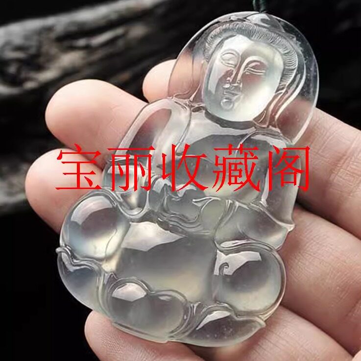 高端冰种翡翠色玉观音吊坠男款玻璃种缅甸飘翠花玉石玉佩挂件玉坠