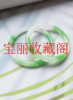 精选新疆和田玉翠青叮当美人条玉镯子冰透白底青圆条玉石手镯女款