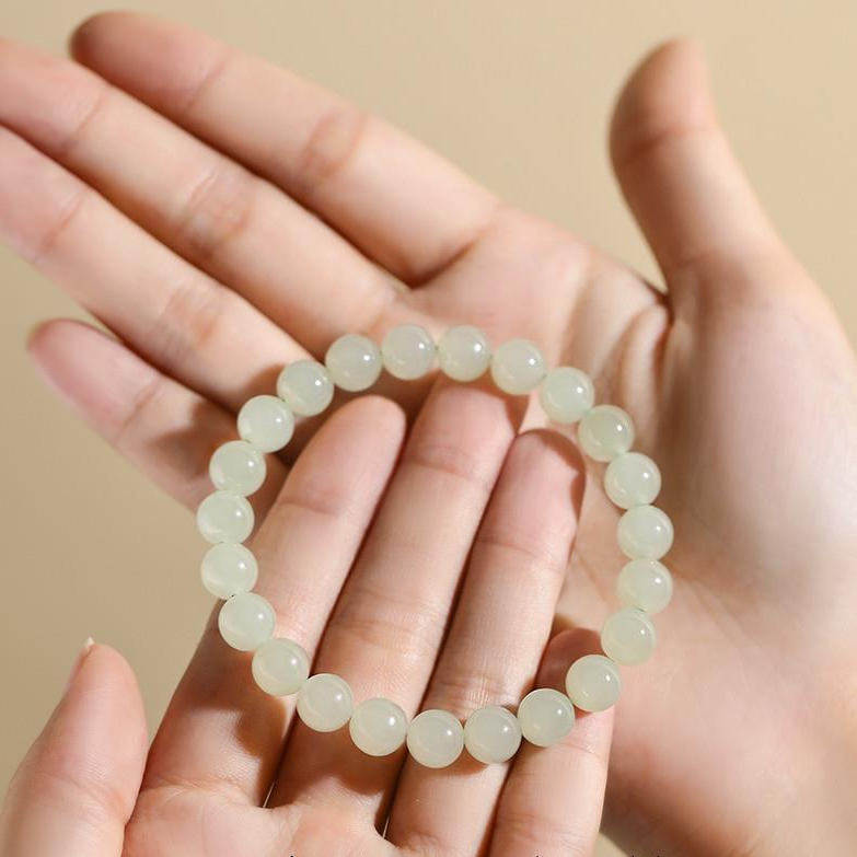 和田玉青白玉圆珠手串女男款冰晴水单圈玉石手链手串简约百搭时尚