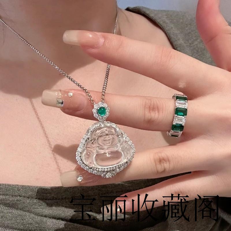 冰种佛公吊坠翡翠色玻璃种镶嵌弥勒佛毛衣链项链颈饰挂件纯欲高冰