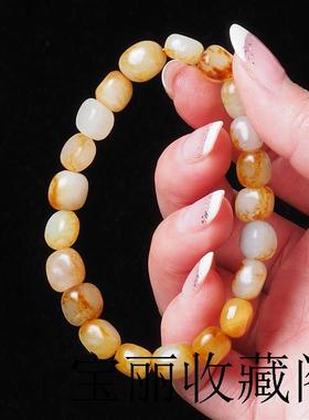 新疆和田玉色籽料原石手链左右黄沁单颗散珠小颗粒手串男女款送礼