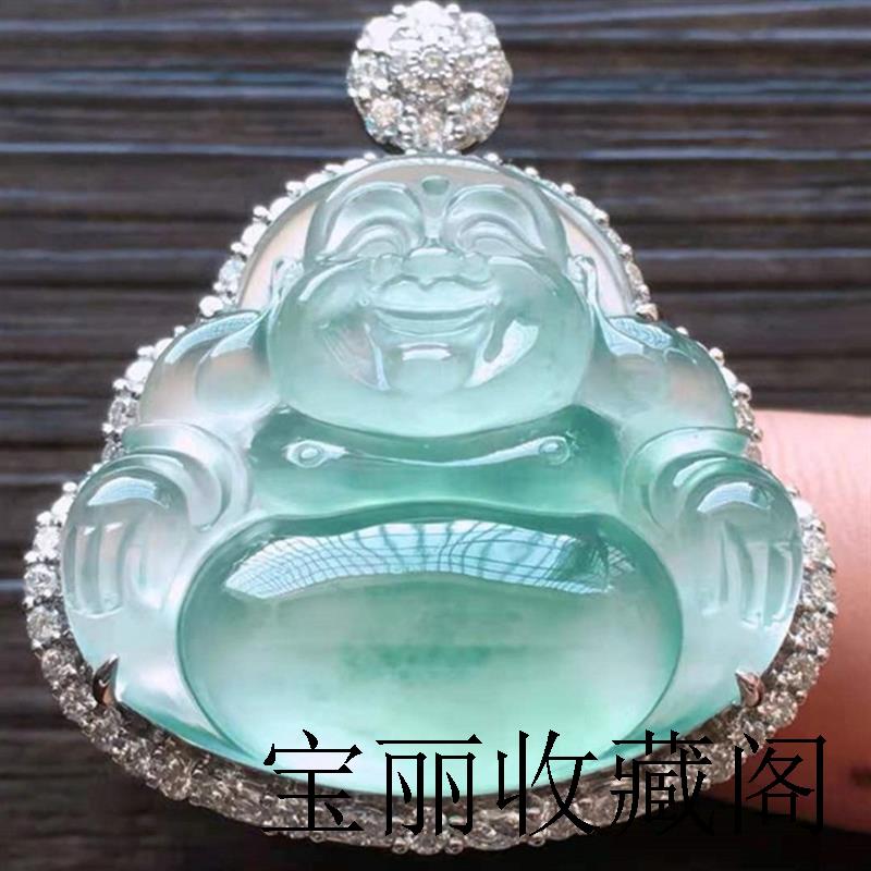 翡翠色吊坠笑玉佛公冰种观音翡翠色吊坠挂件翡翠色处理阳绿银镶嵌