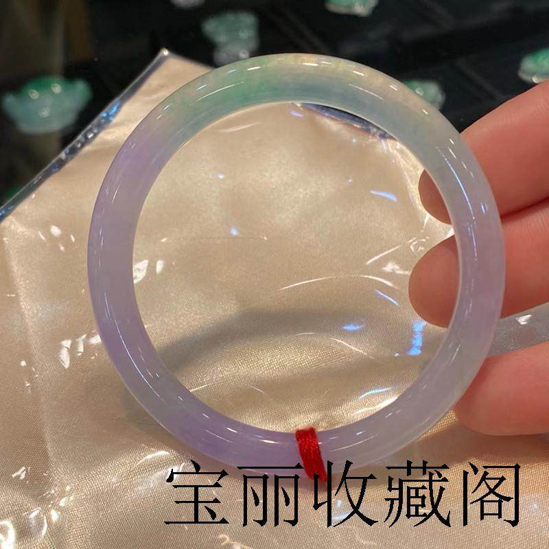 缅甸老坑翡翠色玉手镯冰种春带彩紫罗兰细圆条手镯清新百搭叮当镯