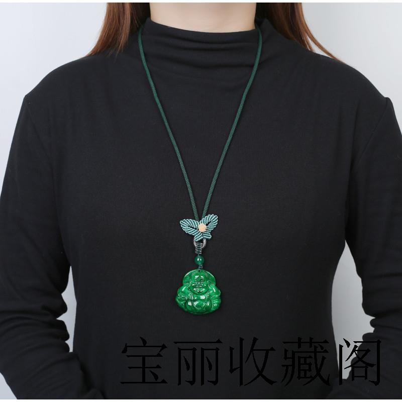 原创民族风长版挂件干青玉石弥勒佛吊坠新款秋冬项链气质女毛衣链