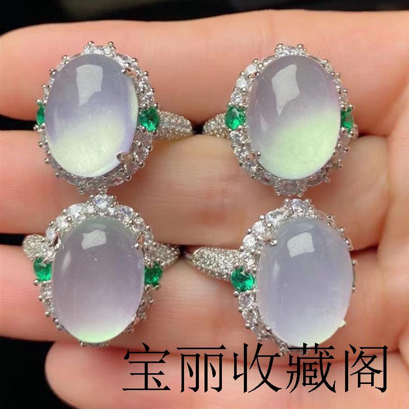 玉戒指缅甸翡翠色高冰种戒指镶嵌蛋面精品高端晴水起光戒指冰透女