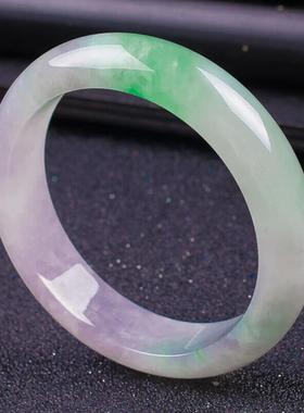 缅甸冰种白底飘浅紫浅绿翡翠色正圈玉石镯子女款送妈妈礼物手饰品