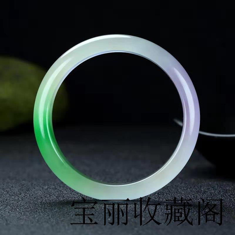 缅甸冰糯种正圈春彩淡紫花浅白贵妃镯老坑翡翠色玉手镯高级感女款