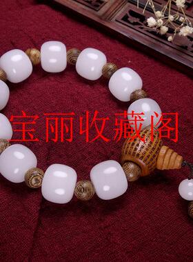 新疆和田金丝玉老型珠玉手链羊脂白玉民族风男女款算盘珠单圈手串