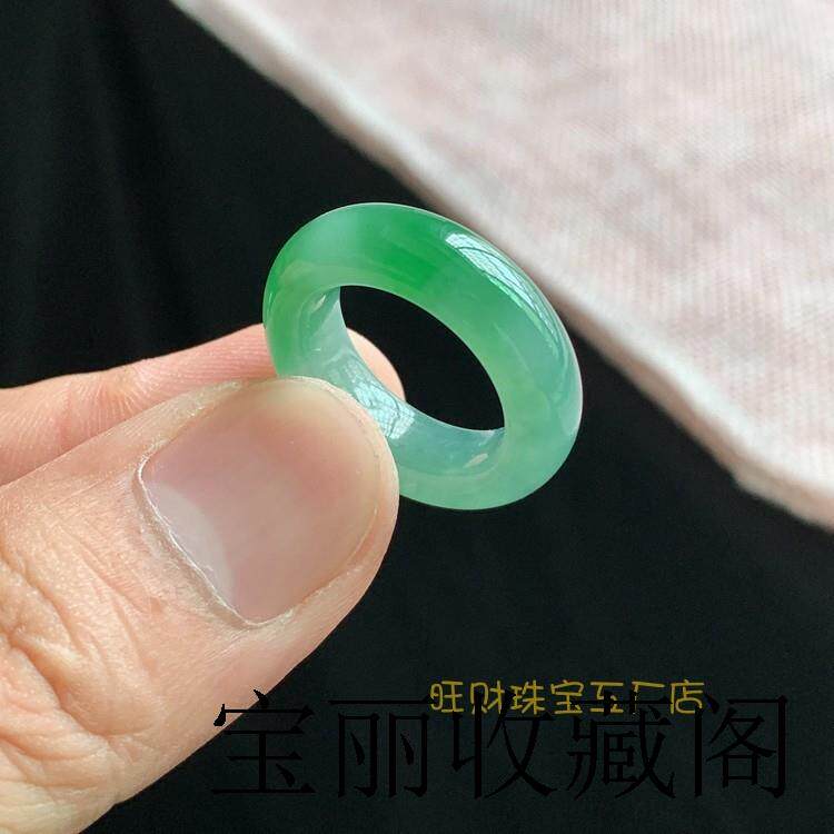 缅甸老坑糯冰种高端货翡翠色飘阳绿飘绿花素面玉戒指男女款玉戒圈