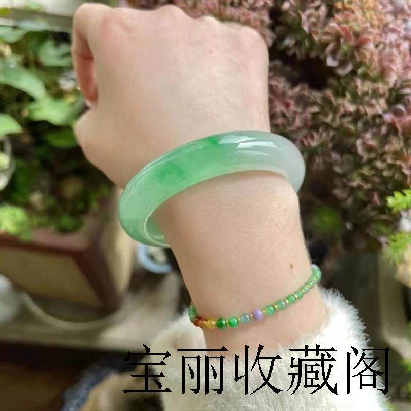 缅甸冰种翡翠飘绿玉手镯贵妃飘花满阳绿玻璃种冰透玉镯子正圈送礼