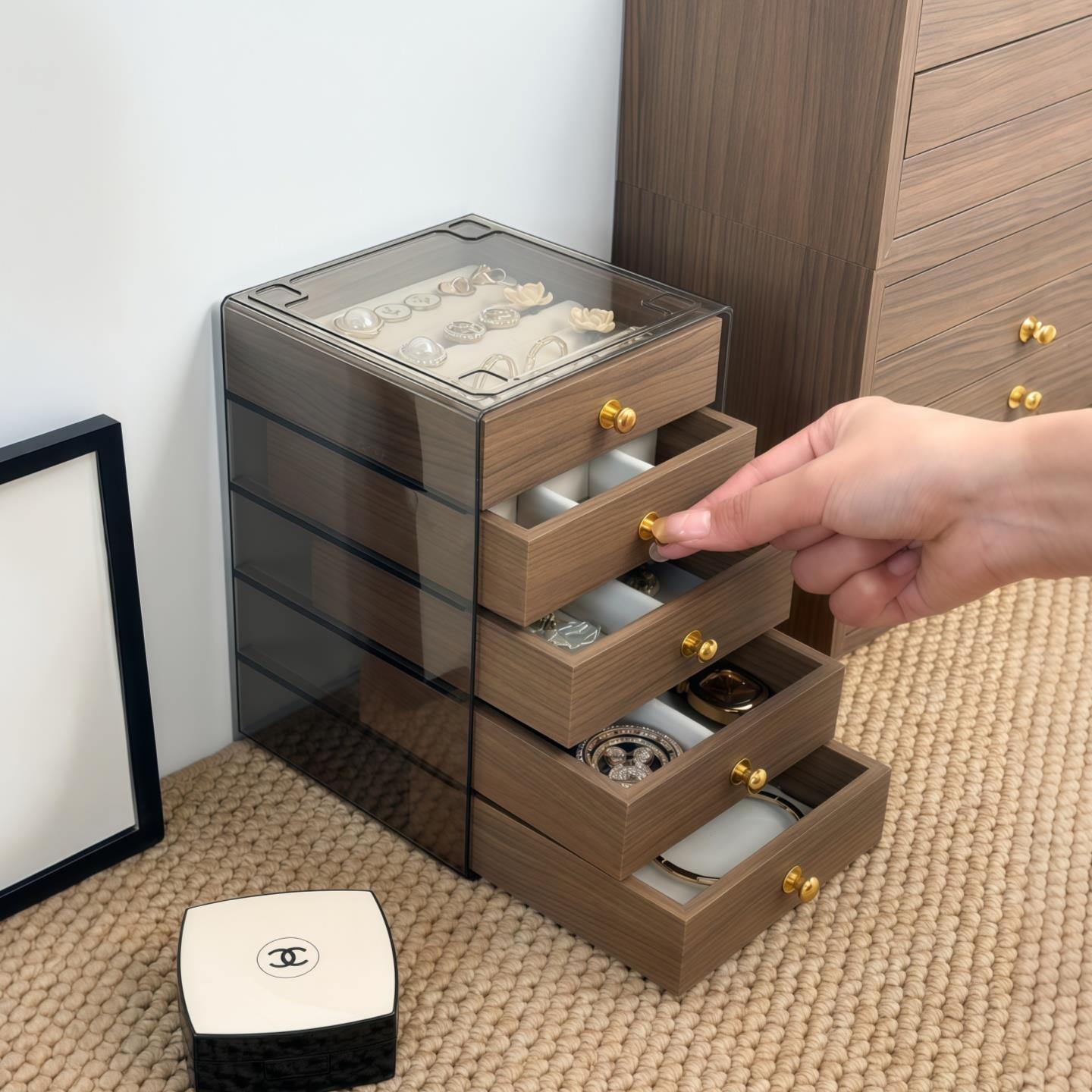 高档精致饰品收纳盒多层胡桃木纹戒指耳钉耳环耳饰收纳手饰首饰盒