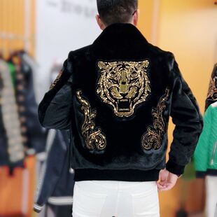 男士冬季短款新款夹克刺绣虎头时尚金貂绒修身亮片保暖外套