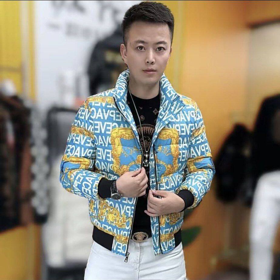 男装2025欧货潮流时尚休闲立领时尚花色羽绒服修身帅气保暖外套